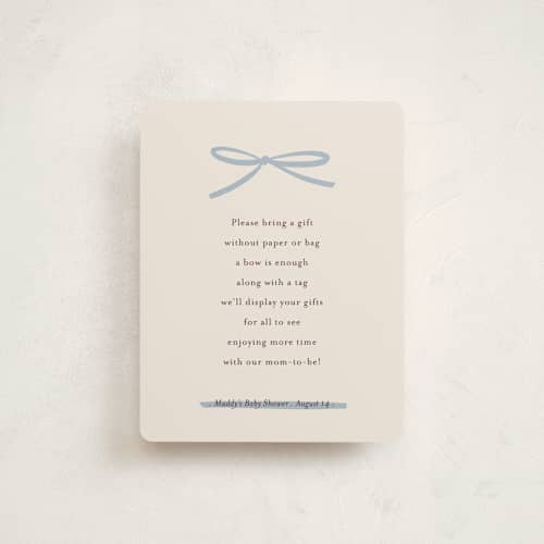 This is a denim baby shower insert cards with standard by Ani Somi called baby bow printing on signature in standard