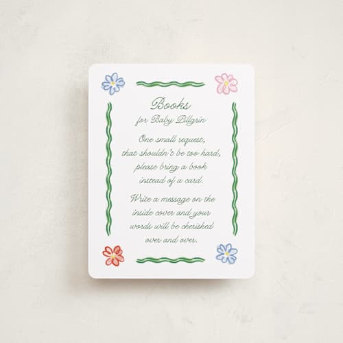 This is a garden baby shower insert cards with standard by Pati Cascino called dilleto printing on signature in standard