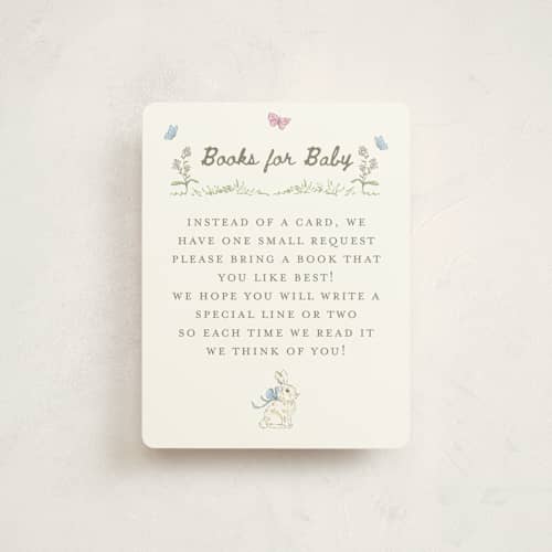 This is a grass baby shower insert cards with standard by Holton Art and Design called somebunny special storybook printing on signature in standard