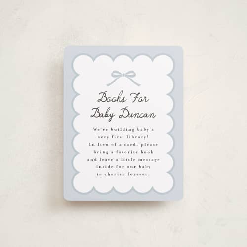 This is a sky baby shower insert cards with standard by Maria Alou called scallop & little bow printing on signature in standard