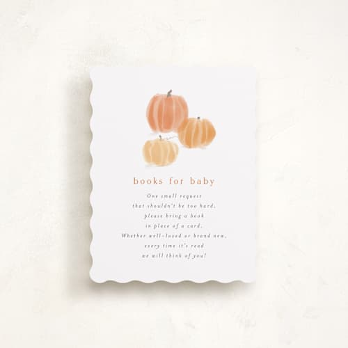 This is a pumpkin baby shower insert cards with standard by Rebecca Durflinger called autumn pumpkins printing on signature in standard