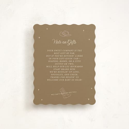 This is a cocoa baby shower insert cards with standard by Maggie Daugherty called cowgirl on the way! printing on signature in standard