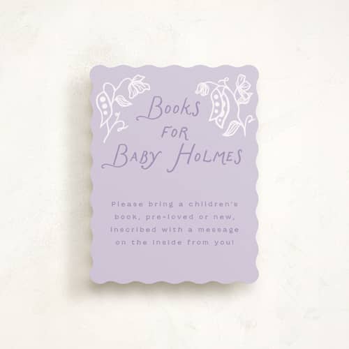 This is a lilac baby shower insert cards with standard by Leah Bisch called sweet pea printing on signature in standard