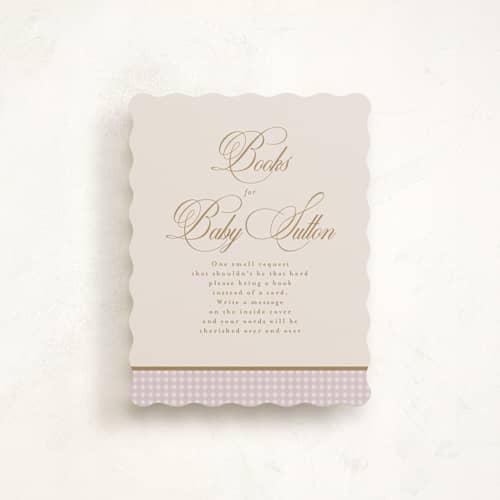 This is a lilac baby shower insert cards with standard by Tamara Hilje called eleganza printing on signature in standard
