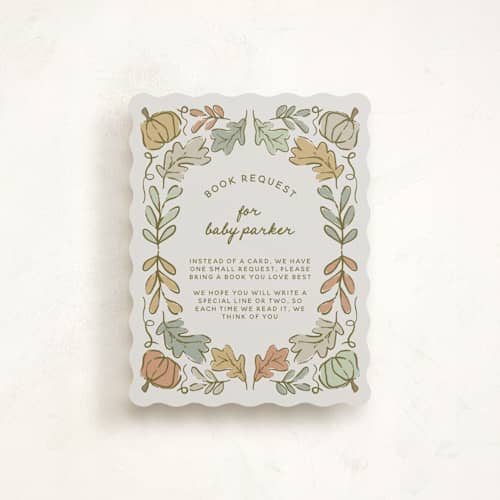 This is a natural baby shower insert cards with standard by Kelly Watkins called vintage autumn printing on signature in standard