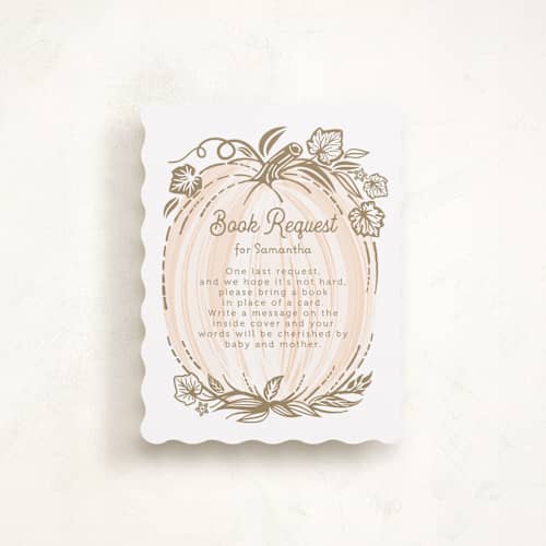 This is a peach baby shower insert cards with standard by Paper Sun Studio called little pumpkin printing on signature in standard