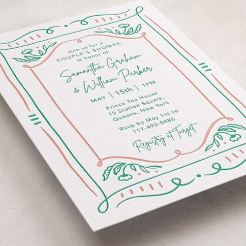 This is a paloma | emerald baby shower invitations with letterpress by Elly called sketch printing on white cotton in standard