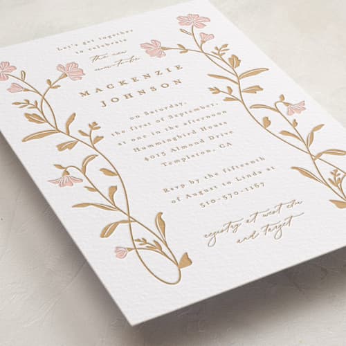 This is a peony | saffron baby shower invitations with letterpress by Everett Paper Goods called mirror floral printing on white cotton in standard