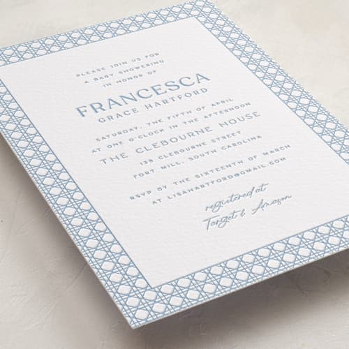 This is a smoke | olive baby shower invitations with letterpress by Ellen Schlegelmilch called delicate rattan printing on white cotton in standard