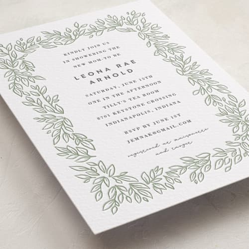 This is a graphite | olive baby shower invitations with letterpress by Jessie Steury called lovely leaves printing on white cotton in standard