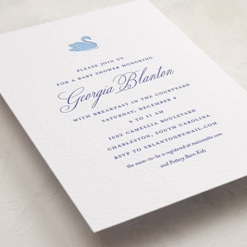 This is a mediterranean | robin's egg baby shower invitations with letterpress by Megan Davis called swan shower printing on white cotton in standard