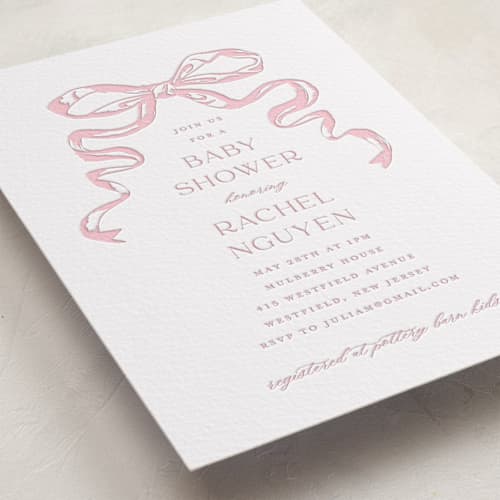 This is a smoke | peony baby shower invitations with letterpress by Teju Reval called big bow printing on white cotton in standard