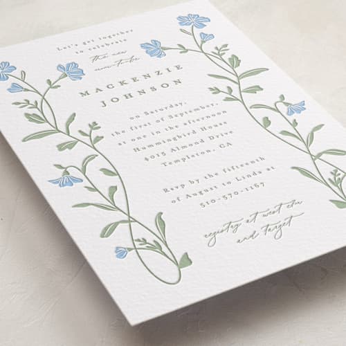 This is a robin's egg | olive baby shower invitations with letterpress by Everett Paper Goods called mirror floral printing on white cotton in standard