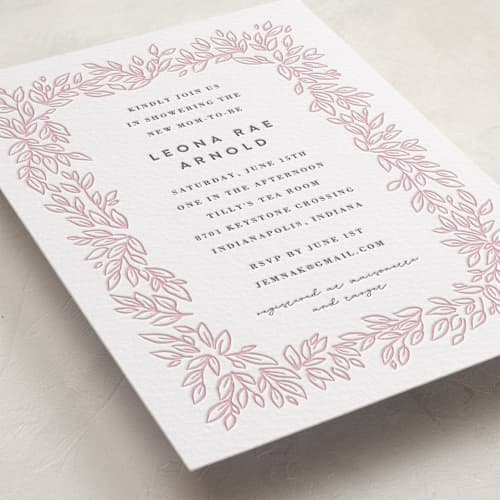 This is a graphite | peony baby shower invitations with letterpress by Jessie Steury called lovely leaves printing on white cotton in standard