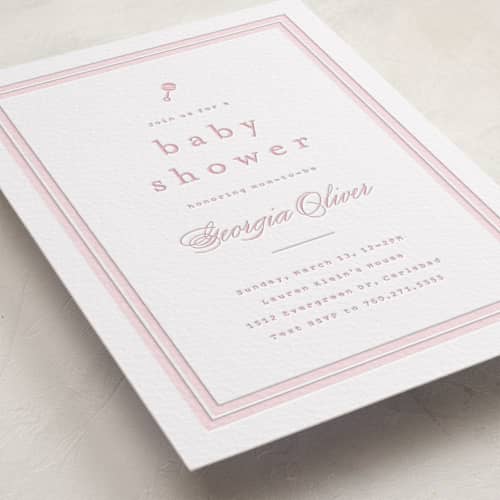 This is a peony baby shower invitations with letterpress by Carolyn MacLaren called classic start printing on white cotton in standard