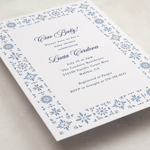 This is a lapis baby shower invitations with letterpress by Olivia Raufman called talavera tiles printing on white cotton in standard