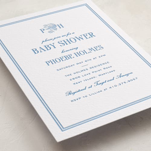 This is a robin's egg | marine blue baby shower invitations with letterpress by Megan Davis called cheseapeake printing on white cotton in standard