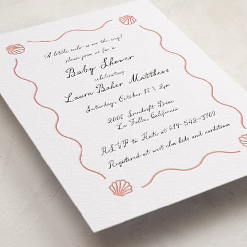 This is a paloma | soft black baby shower invitations with letterpress by Alston Foster called ocean love printing on white cotton in standard