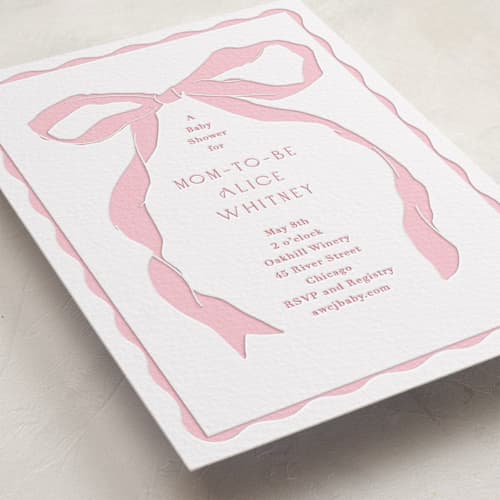 This is a peony baby shower invitations with letterpress by Baumbirdy called framed bow printing on white cotton in standard