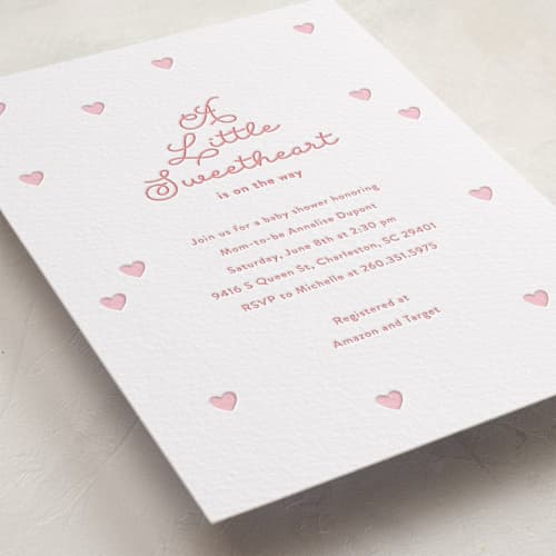 This is a peony baby shower invitations with letterpress by Angela Garrick called little sweetheart printing on white cotton in standard