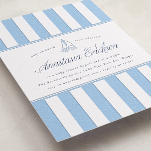 This is a robin's egg | lapis baby shower invitations with letterpress by Stephanie Hawkes called on board printing on white cotton in standard