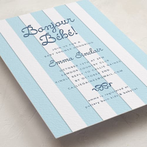 This is a blueberry | lichen baby shower invitations with letterpress by Olivia Raufman called mariniere printing on white cotton in standard