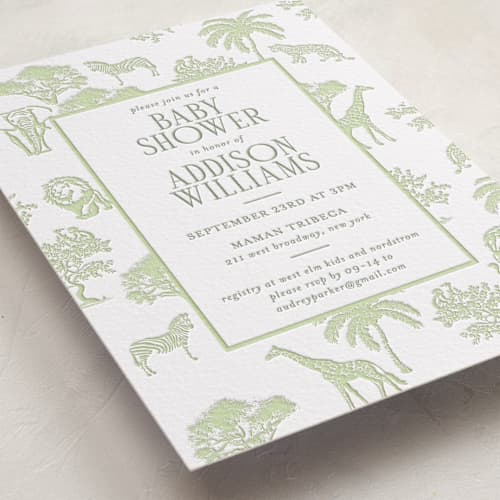 This is a olive baby shower invitations with letterpress by Jenna Holcomb called safari toile printing on white cotton in standard