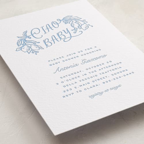 This is a robin's egg baby shower invitations with letterpress by Pati Cascino called ciao baby printing on white cotton in standard