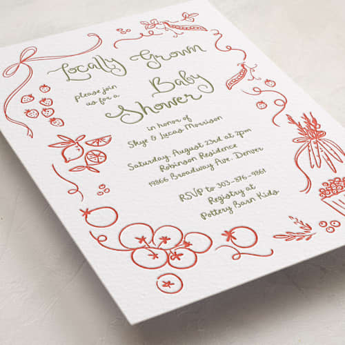 This is a olive | verona sunset baby shower invitations with letterpress by Jenna Holcomb called locally grown sketch printing on white cotton in standard