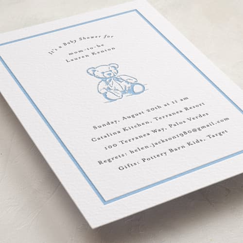 This is a robin's egg | soft black baby shower invitations with letterpress by Becky Nimoy called antique teddy bear printing on white cotton in standard