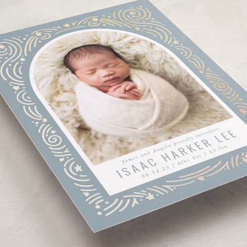 This is a slateblue foil stamped birth announcements with foil pressed by Meggy Masters called star bright printing on recycled smooth signature in standard