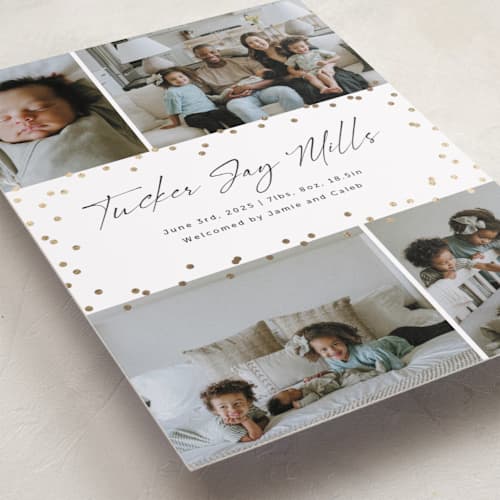 This is a cotton foil stamped birth announcements with foil pressed by Wendy Chung called festive dots printing on recycled smooth signature in standard