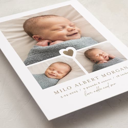 This is a fawn foil stamped birth announcements with foil pressed by Jen Tips called our little sweetheart printing on recycled smooth signature in standard