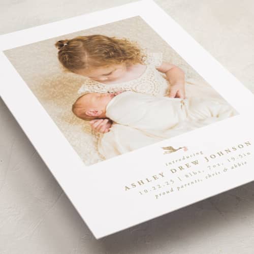 This is a blush foil stamped birth announcements with foil pressed by Carolyn Nicks called new delivery printing on recycled smooth signature in standard