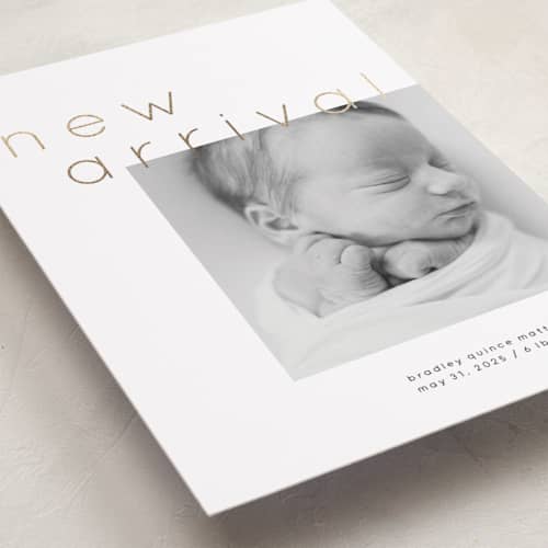 This is a cloud foil stamped birth announcements with foil pressed by Lori Wemple called arrival printing on recycled smooth signature in standard