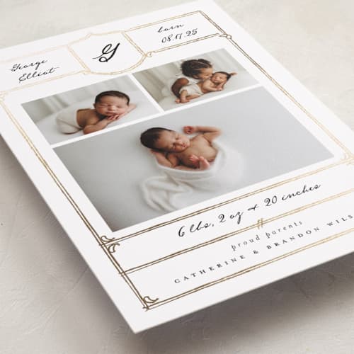 This is a pearl foil stamped birth announcements with foil pressed by Corinne Malesic called antique printing on recycled smooth signature in standard