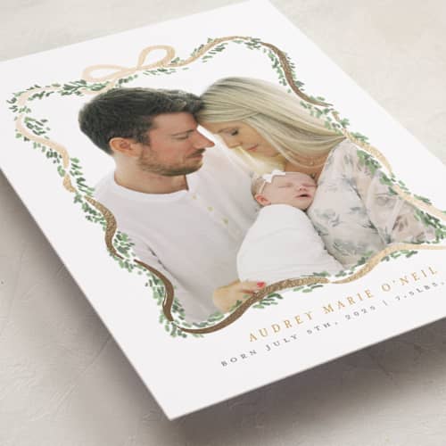 This is a blush foil stamped birth announcements with foil pressed by Itsy Belle Studio called ribbonly frame printing on recycled smooth signature in standard