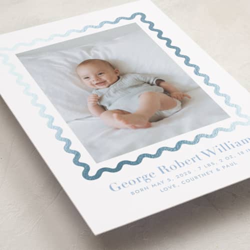 This is a bluebell foil stamped birth announcements with foil pressed by Megan Davis called ric rac printing on recycled smooth signature in standard