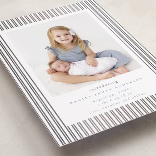 This is a sky foil stamped birth announcements with foil pressed by Jennifer Holbrook called pinstripe frame printing on recycled smooth signature in standard
