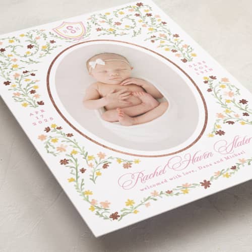 This is a cotton candy foil stamped birth announcements with foil pressed by Creo Study called cottagecore printing on recycled smooth signature in standard