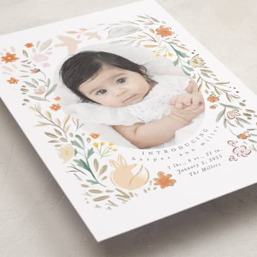 This is a peach foil stamped birth announcements with foil pressed by Hannah Williams called garden fox printing on recycled smooth signature in standard