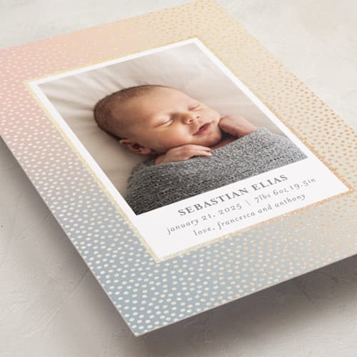 This is a sunrise foil stamped birth announcements with foil pressed by Townsend Majors called mini confetti printing on recycled smooth signature in standard