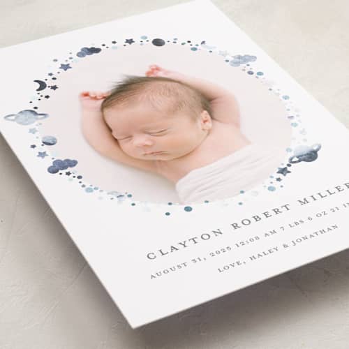This is a ocean foil stamped birth announcements with foil pressed by Jen Merli called our world printing on recycled smooth signature in standard