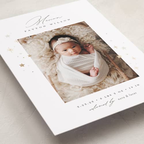 This is a twinkle foil stamped birth announcements with foil pressed by Pixel and Hank called starlight printing on recycled smooth signature in standard