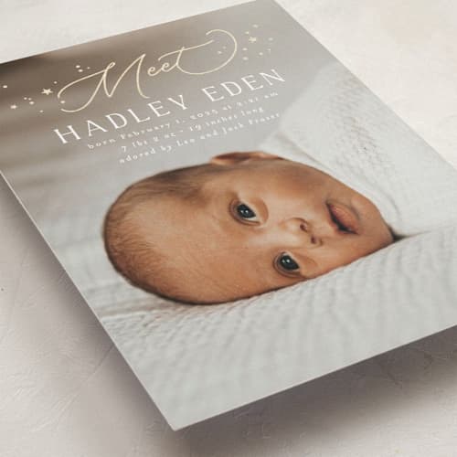 This is a sugar foil stamped birth announcements with foil pressed by Everett Paper Goods called lunaria printing on recycled smooth signature in standard