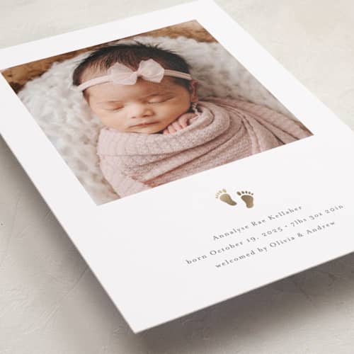 This is a rice foil stamped birth announcements with foil pressed by Melanie Kosuge called sweetness printing on recycled smooth signature in standard