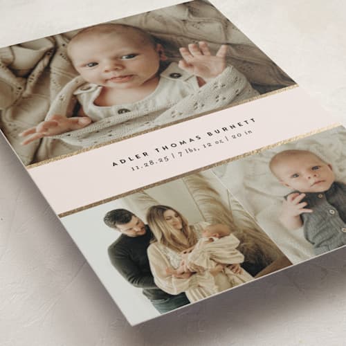 This is a lily foil stamped birth announcements with foil pressed by Ekko Studio called trio printing on recycled smooth signature in standard