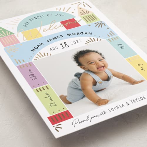 This is a pastel foil stamped birth announcements with foil pressed by Elly called toy blocks printing on recycled smooth signature in standard