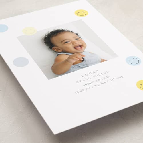 This is a dandelion foil stamped birth announcements with foil pressed by Baumbirdy called smiley face printing on recycled smooth signature in standard