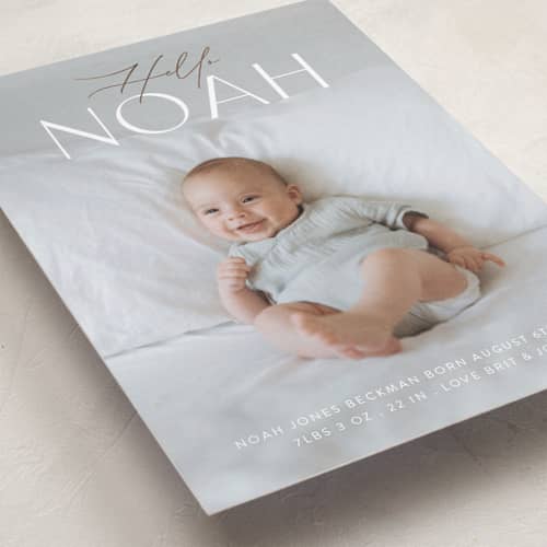 This is a winter foil stamped birth announcements with foil pressed by Itsy Belle Studio called arlo printing on recycled smooth signature in standard